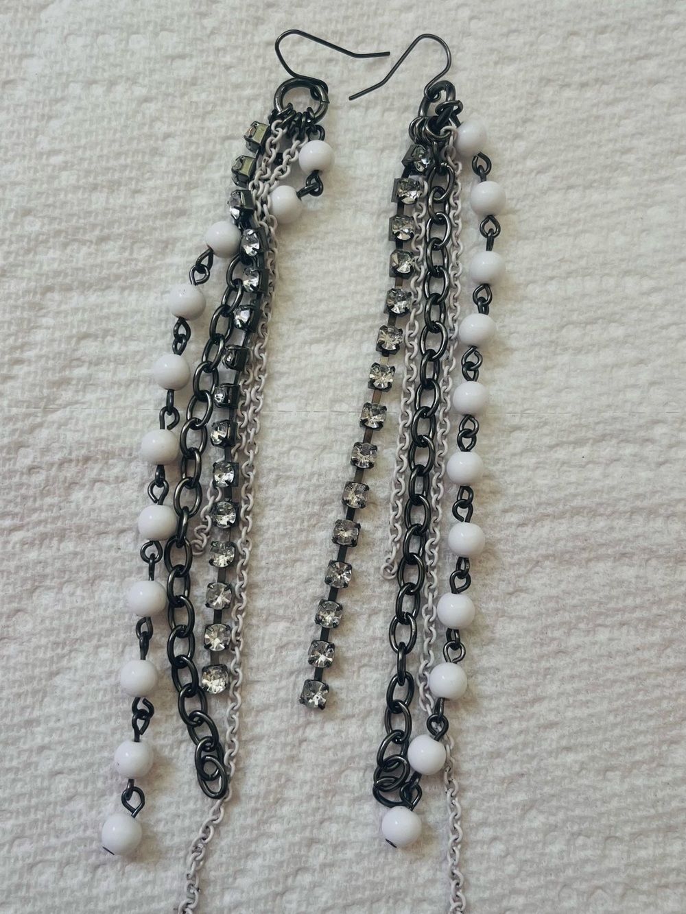 White & Black Beaded Chain Drop Earrings - Unbranded